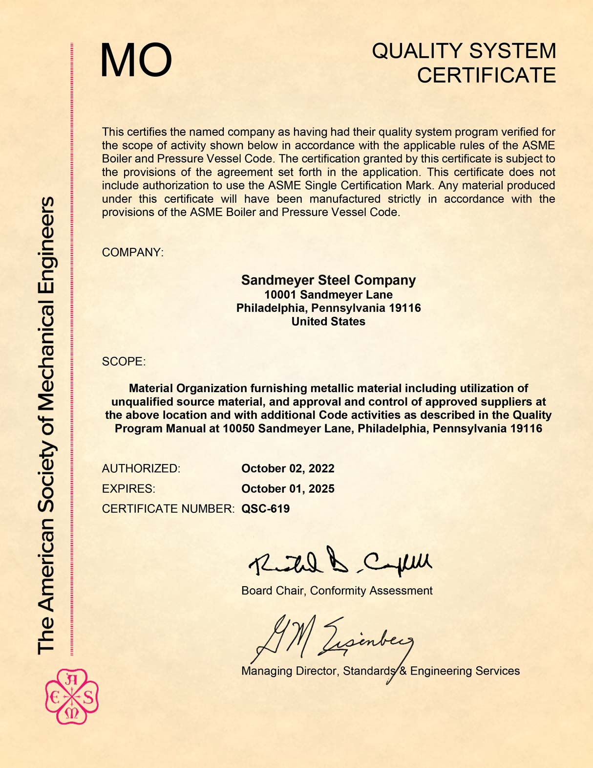 ASTM Quality System Certificate